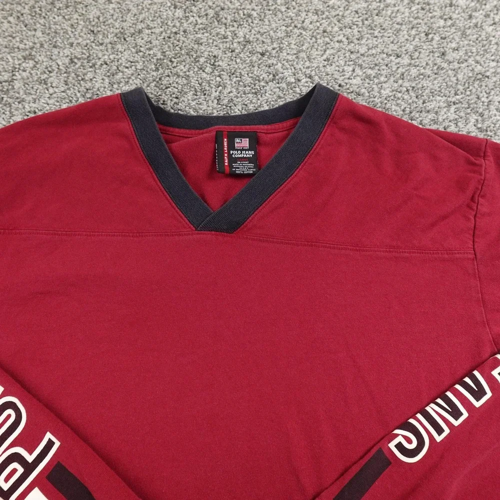VTG Ralph Lauren Shirt Mens L Red Polo Jeans V Neck Long Sleeve Graphic logo USA